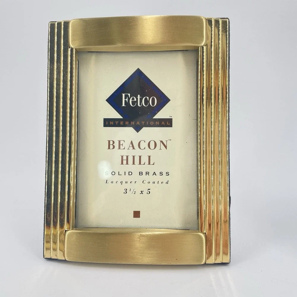 2 Solid Brass Picture Frames Tabletop‎ Stepped Ribbed Art Deco Inspired